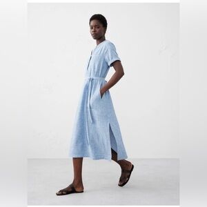 BANANA REPUBLIC Antique Blue LINEN-BLEND UTILITY MIDI SHIFT Shirt DRESS Size L